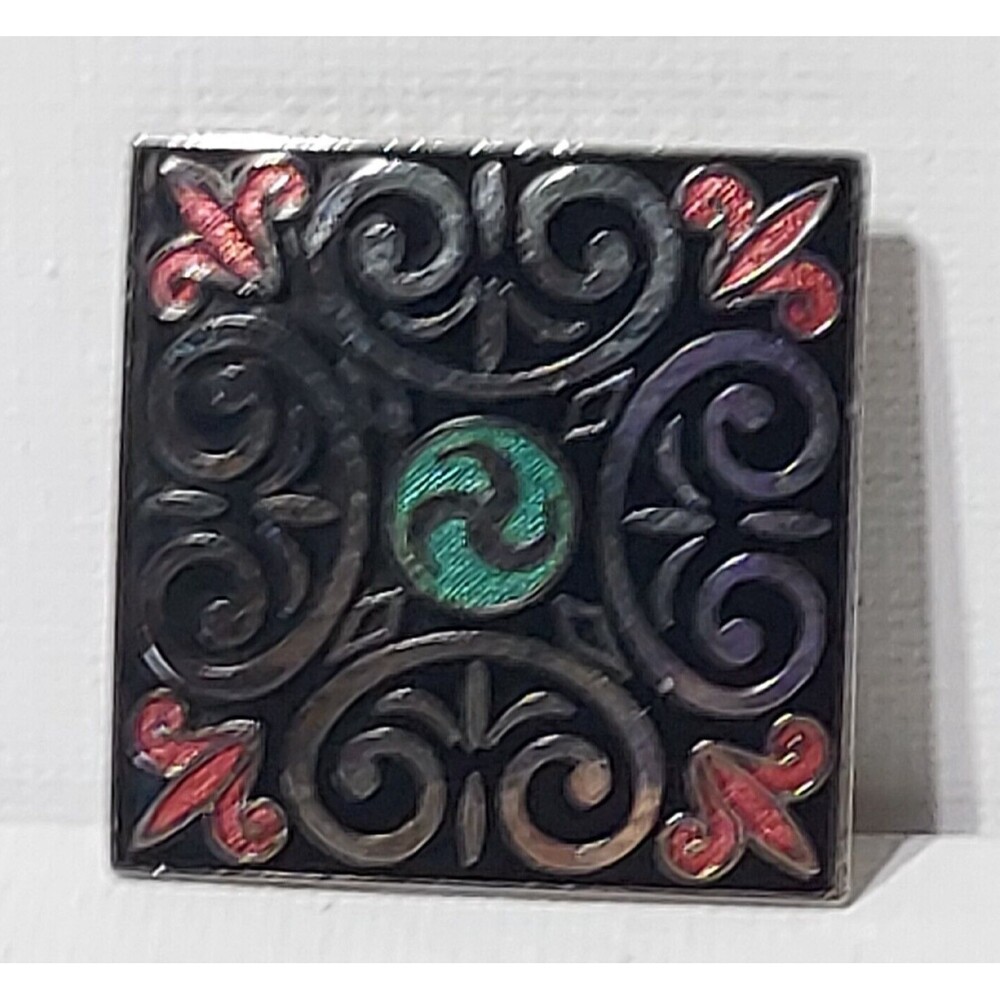 Silver Tone Enamel Floral Celtic Triskele Black Red Green Tile Brooch 1.25"